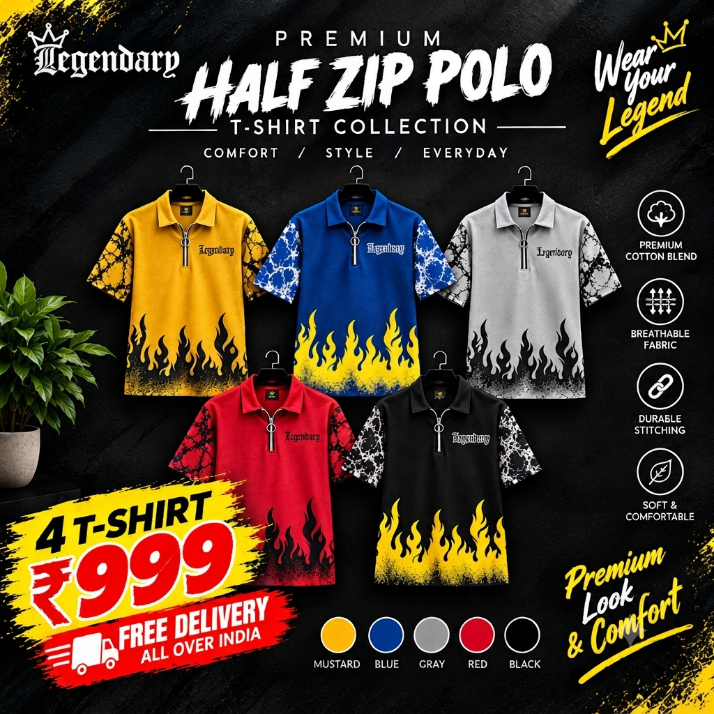 Legendary Fire Print Half-Zip Polo T-Shirt – Bold Style, Premium Comfort